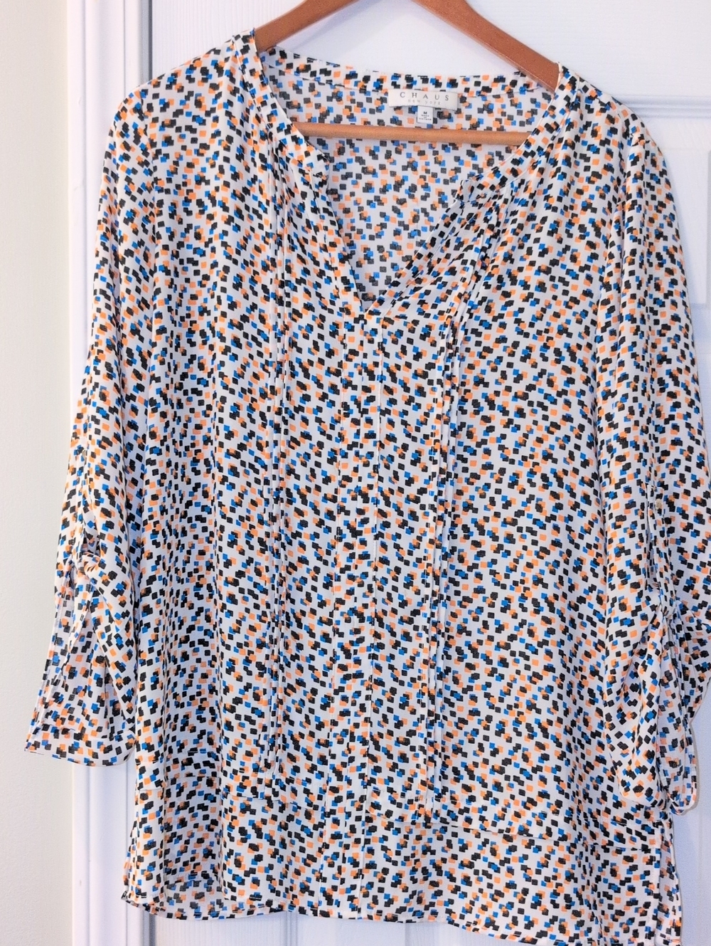 Chaus White Blouse with Blue, Orange & Black Spot Print